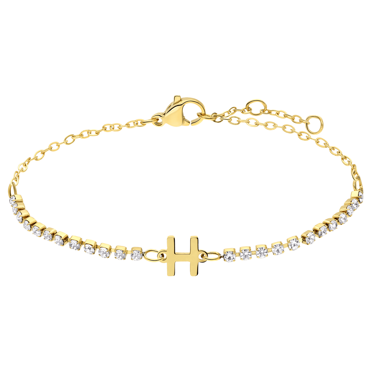 Stainless steel goldplated tennis armband wit cz letter - H
