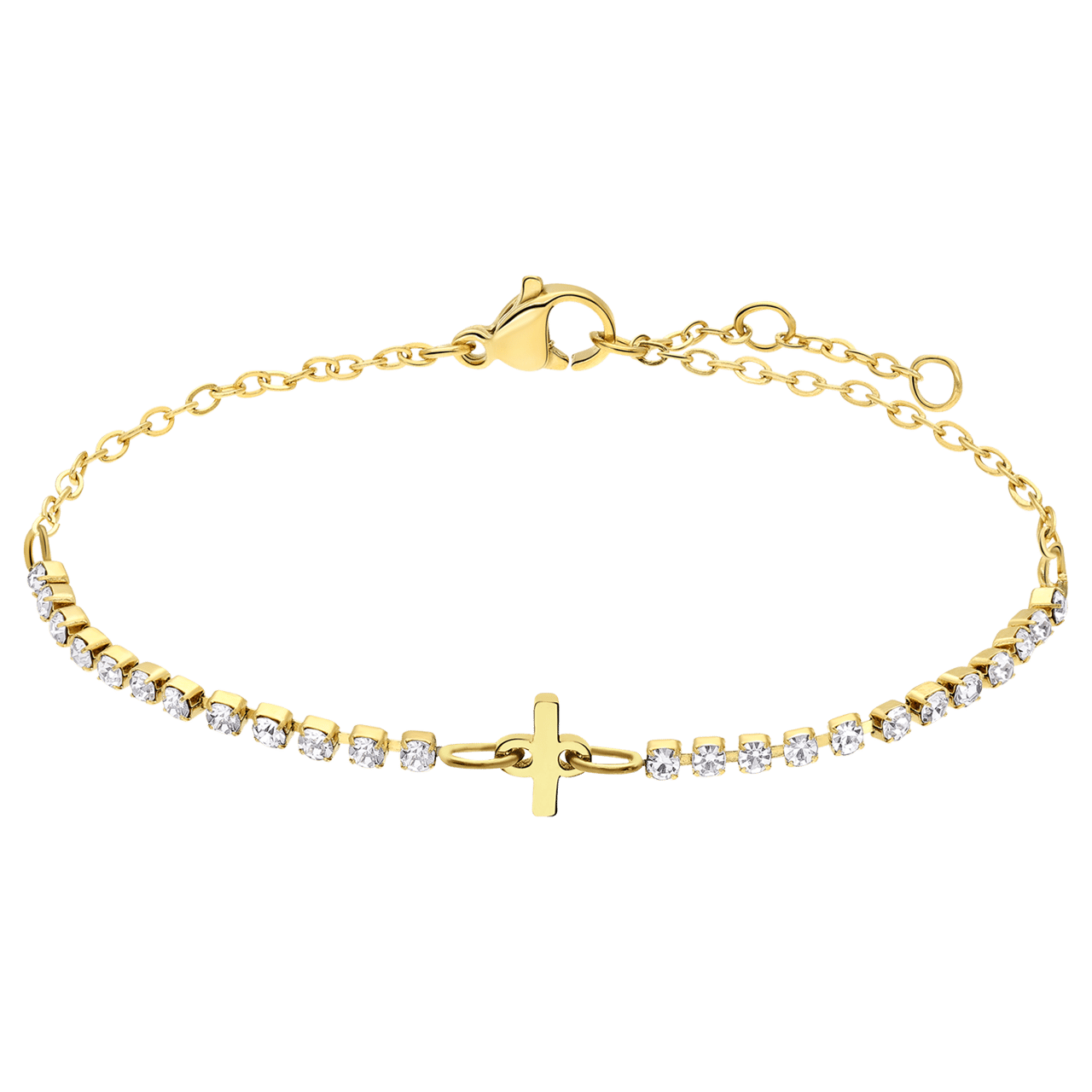 Stalen goldplated tennis armband wit cz letter - I