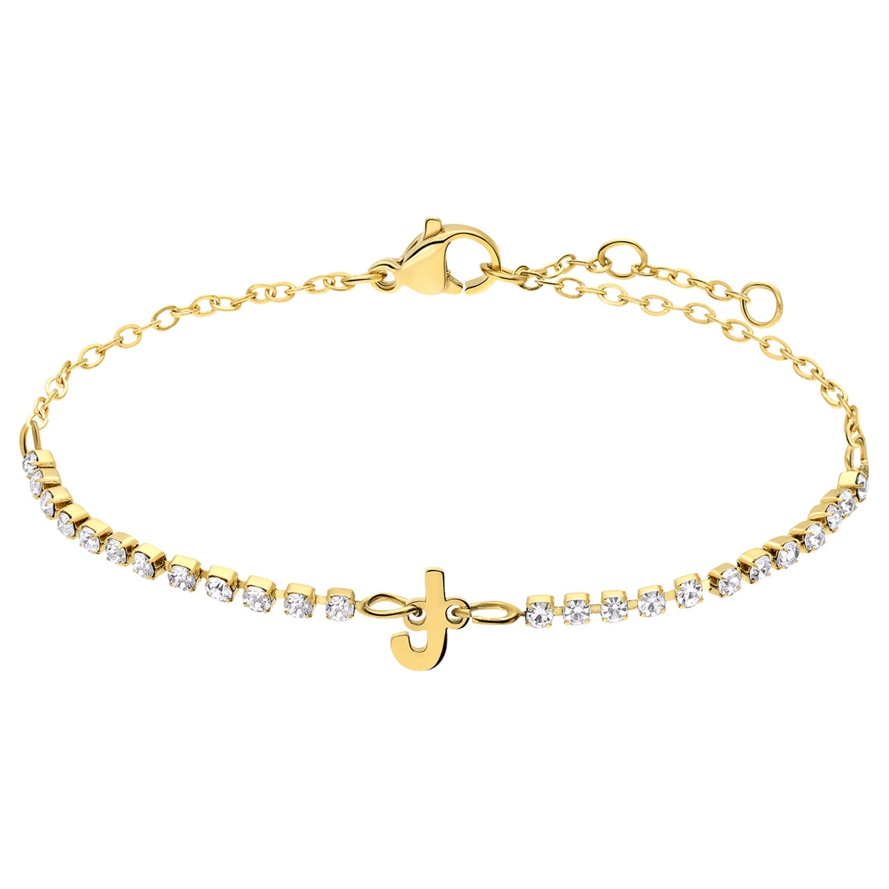 Stainless steel goldplated fantasiearmband met letterhanger J met zirkonia voor dames