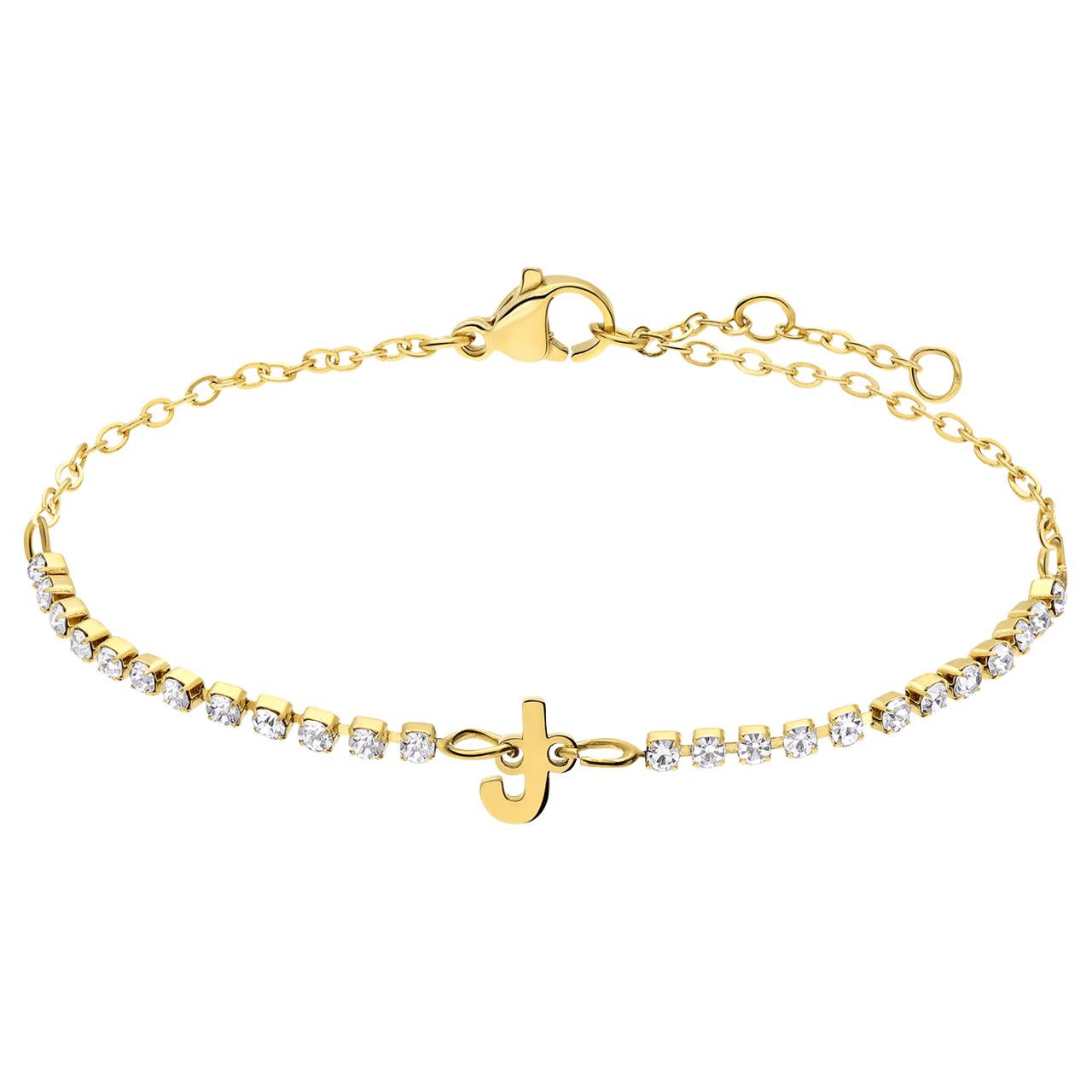 Stalen goldplated fantasiearmband met letterhanger J met zirkonia voor dames