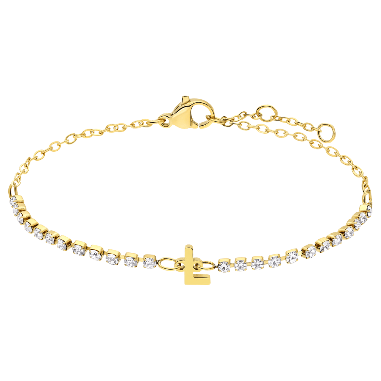 Stalen goldplated tennis armband wit cz letter - L
