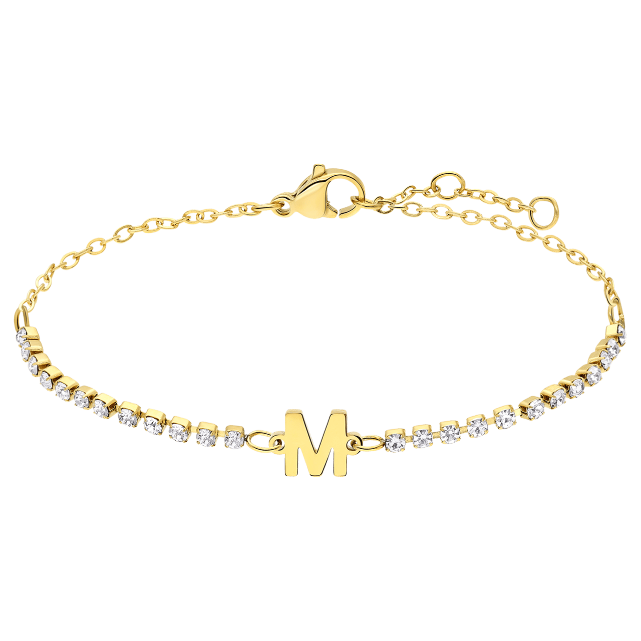 Stainless steel goldplated fantasiearmband met letterhanger M met zirkonia voor dames