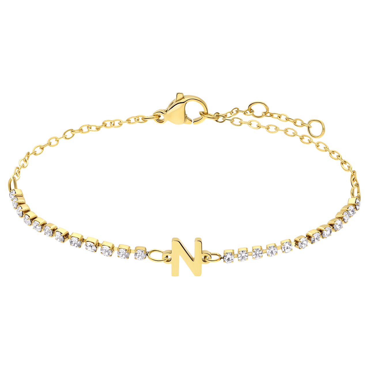 Stalen goldplated tennis armband wit cz letter - N
