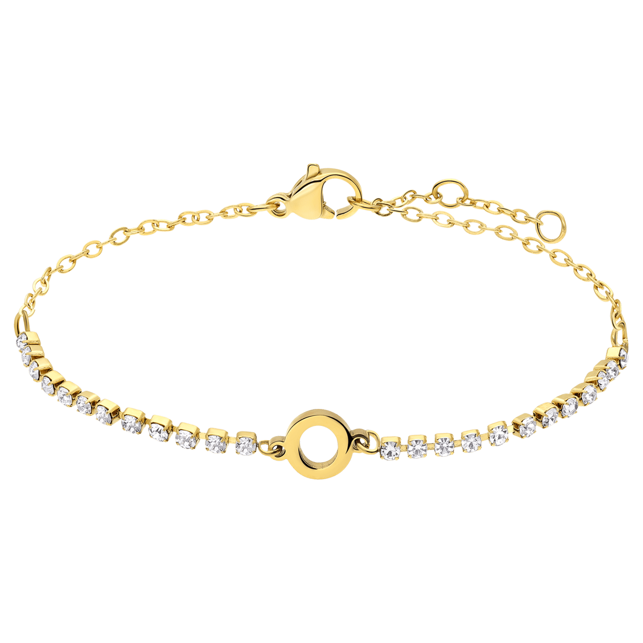 Stainless steel goldplated tennis armband wit cz letter - O