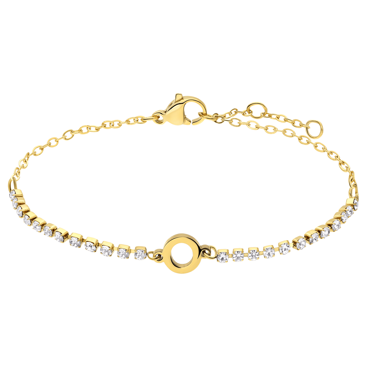 Stalen goldplated tennis armband wit cz letter - O