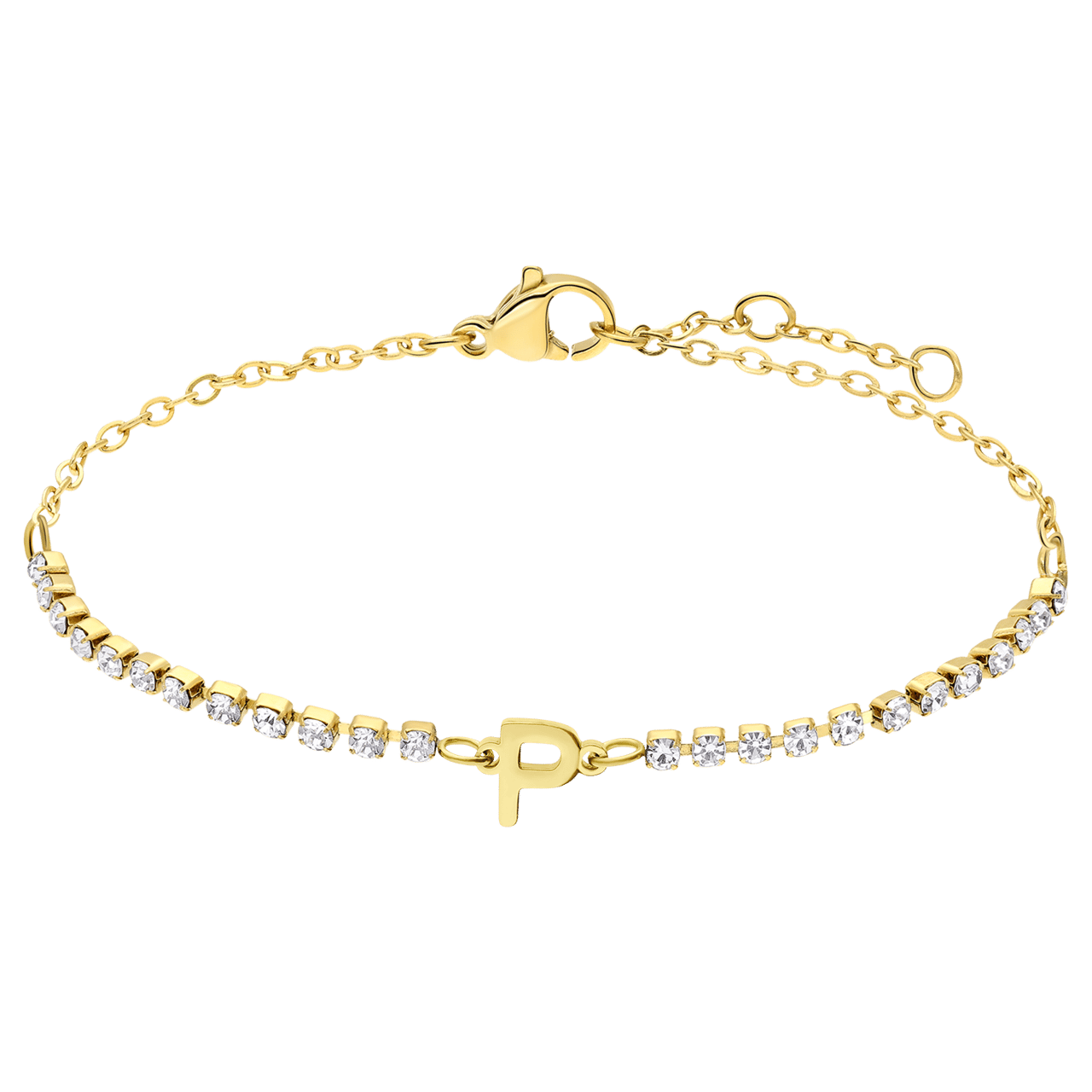 Stainless steel goldplated tennis armband wit cz letter - P