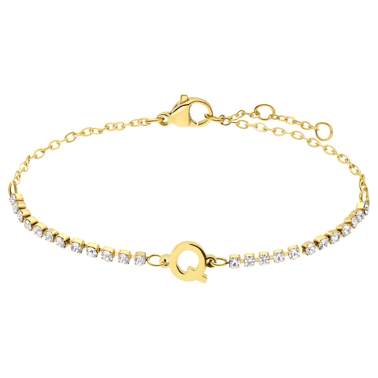 Stalen goldplated tennis armband wit cz letter - Q