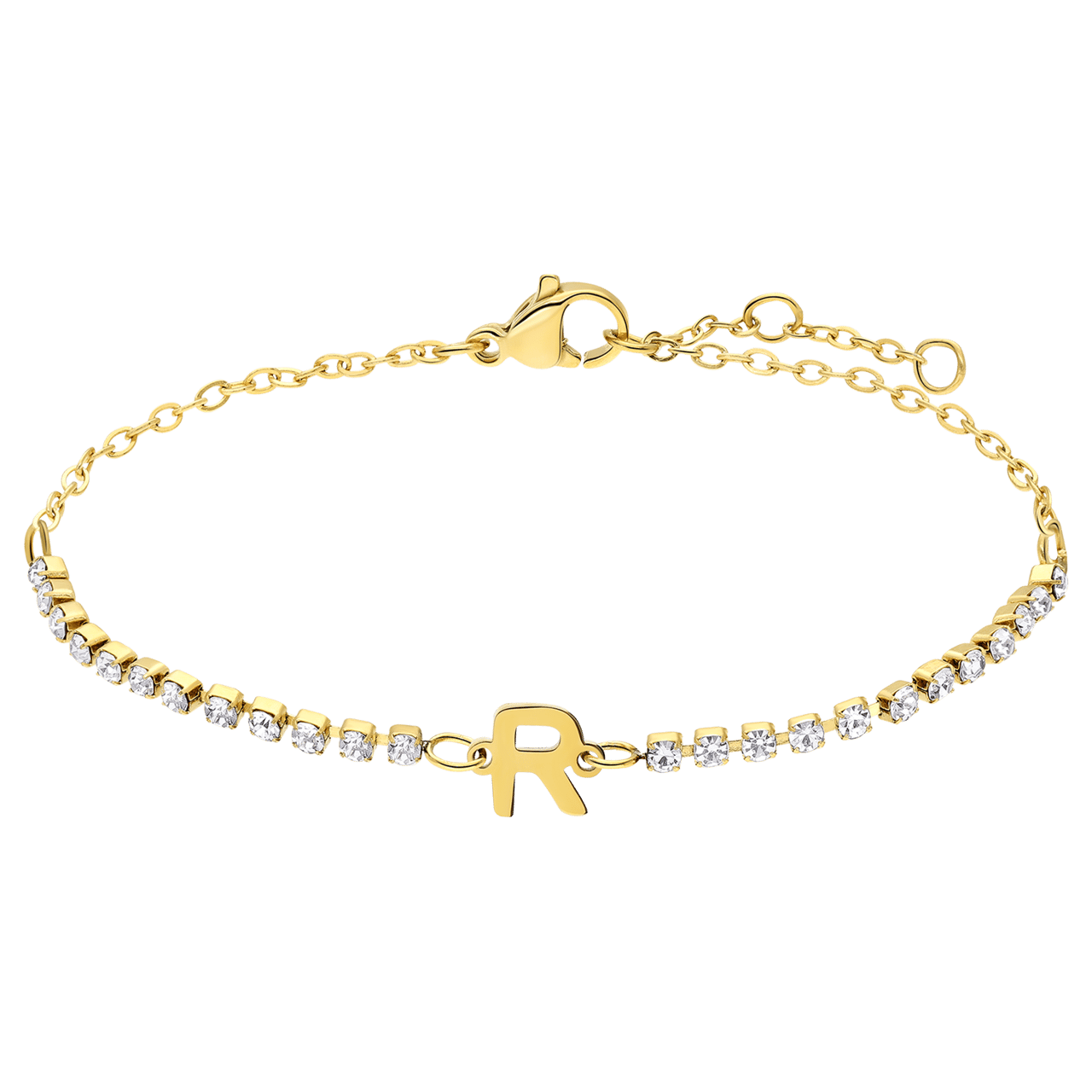 Stainless steel goldplated fantasiearmband met letterhanger R met zirkonia voor dames