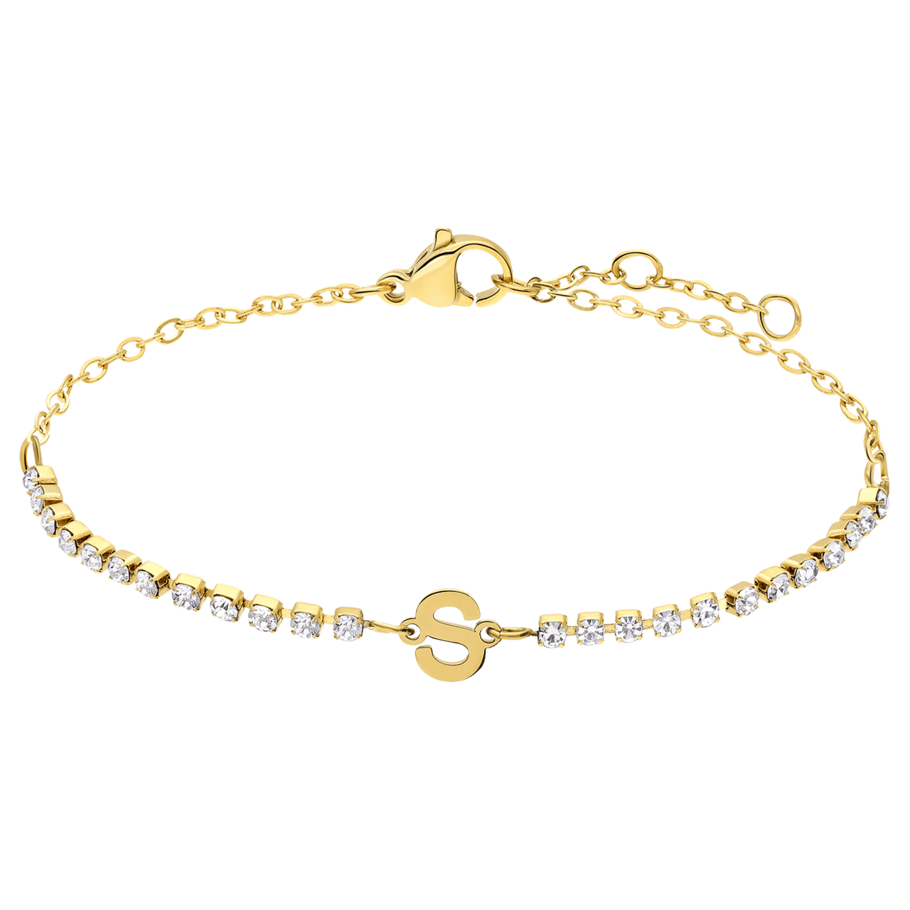 Stalen goldplated tennis armband wit cz letter - S