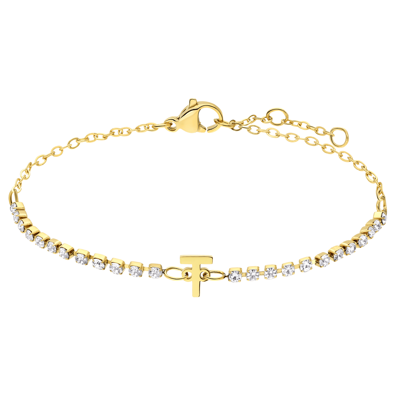 Stainless steel goldplated tennis armband wit cz letter - T