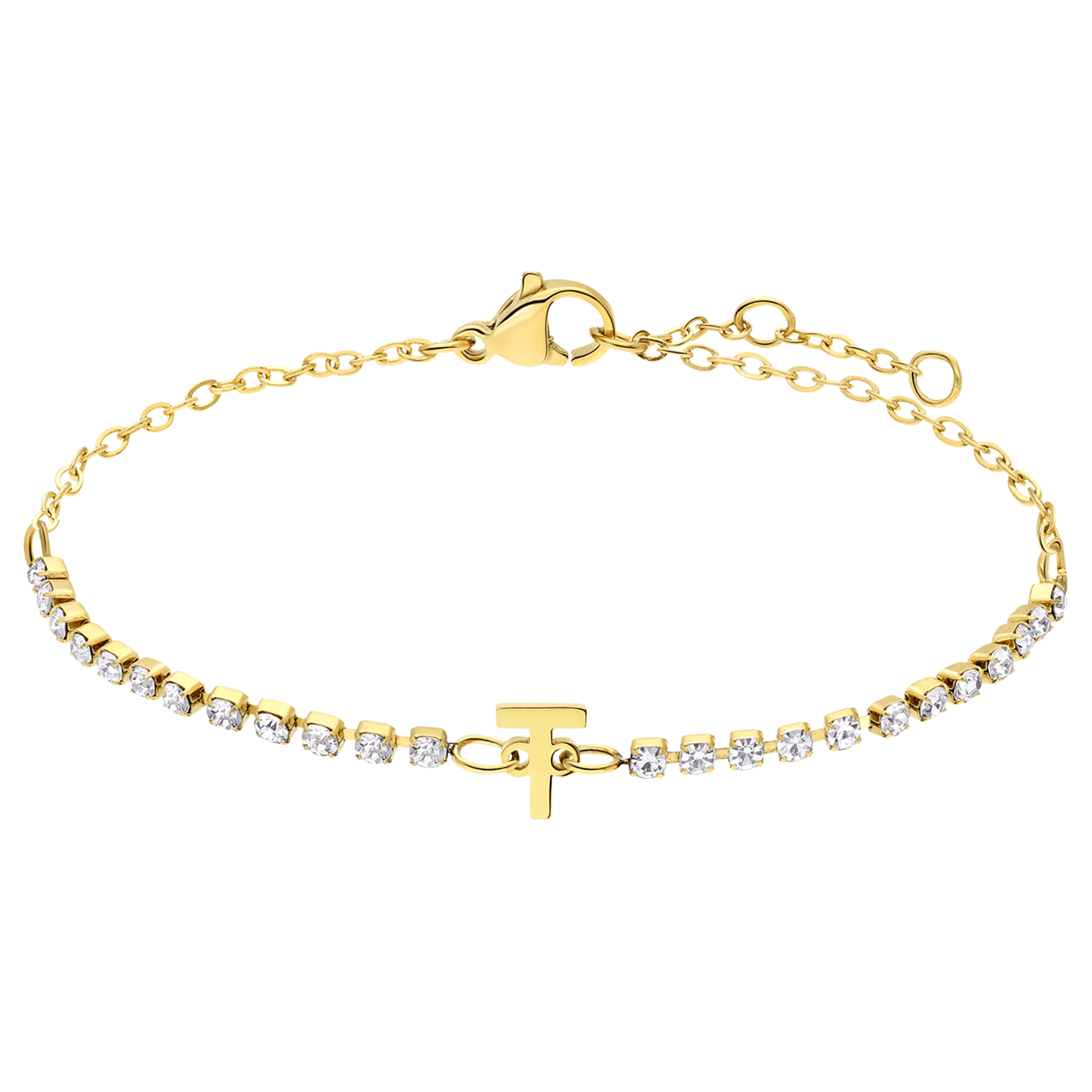 Stalen goldplated fantasiearmband met letterhanger T met zirkonia voor dames