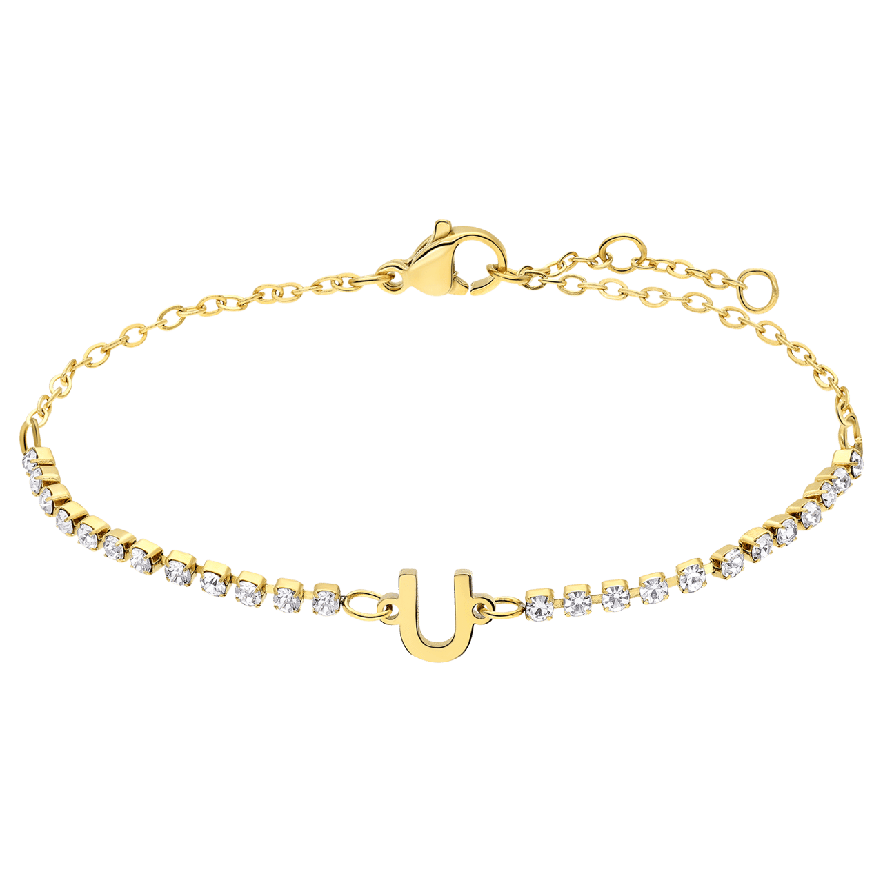 Stainless steel goldplated fantasiearmband met letterhanger U met zirkonia voor dames