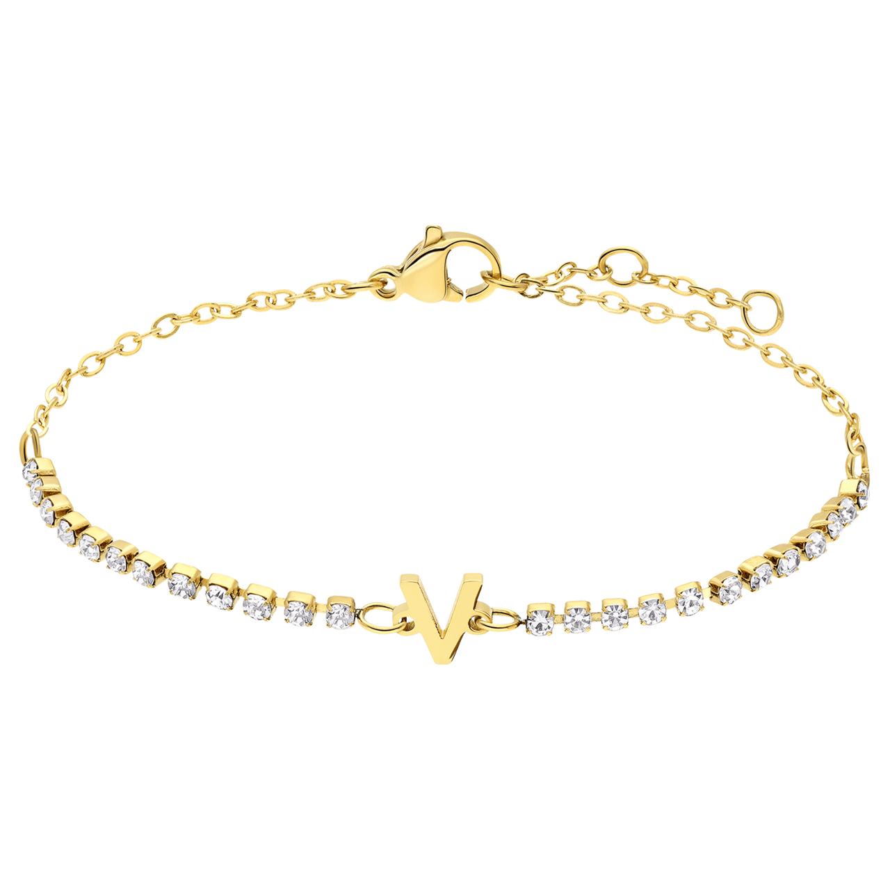 Stainless steel goldplated tennis armband wit cz letter - V