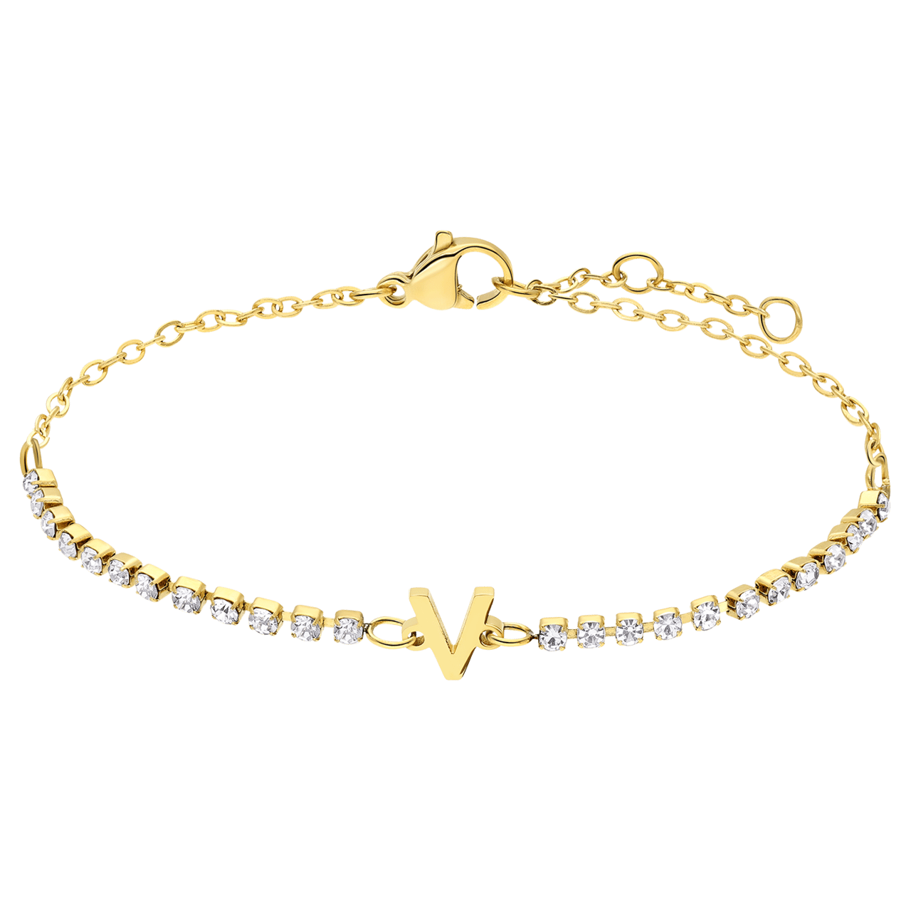 Stalen goldplated fantasiearmband met letterhanger V met zirkonia voor dames