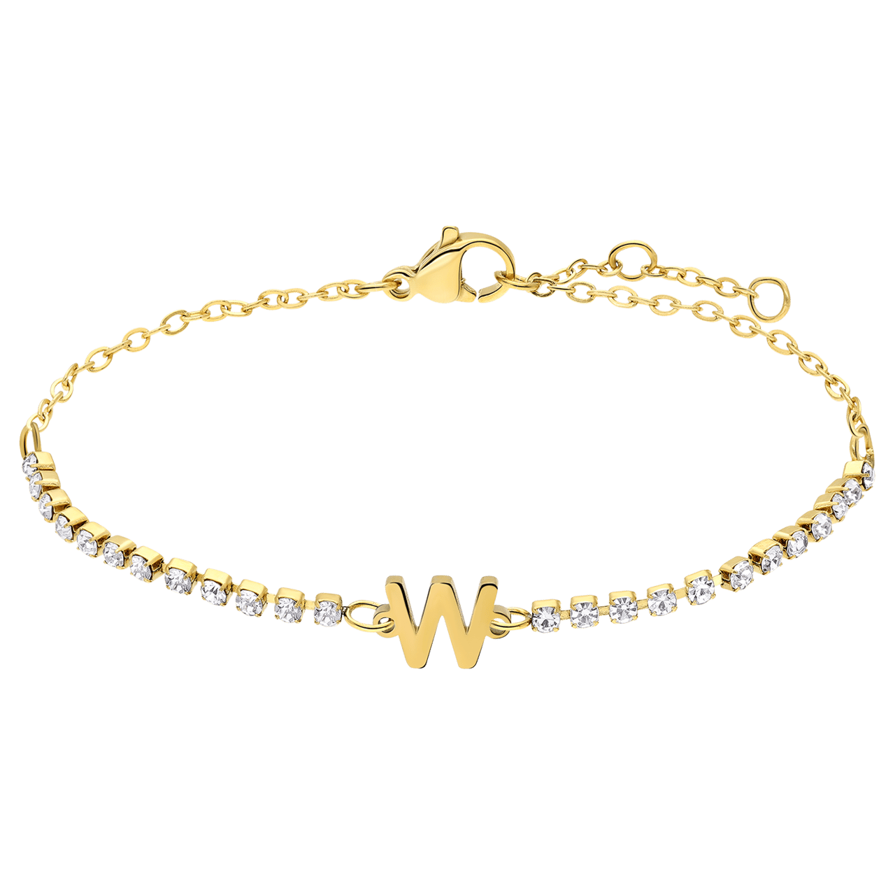 Stalen goldplated tennis armband wit cz letter - W