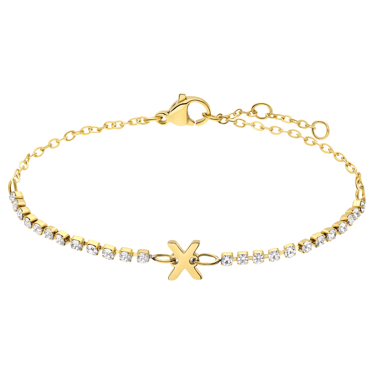 Stainless steel goldplated tennis armband wit cz letter - X