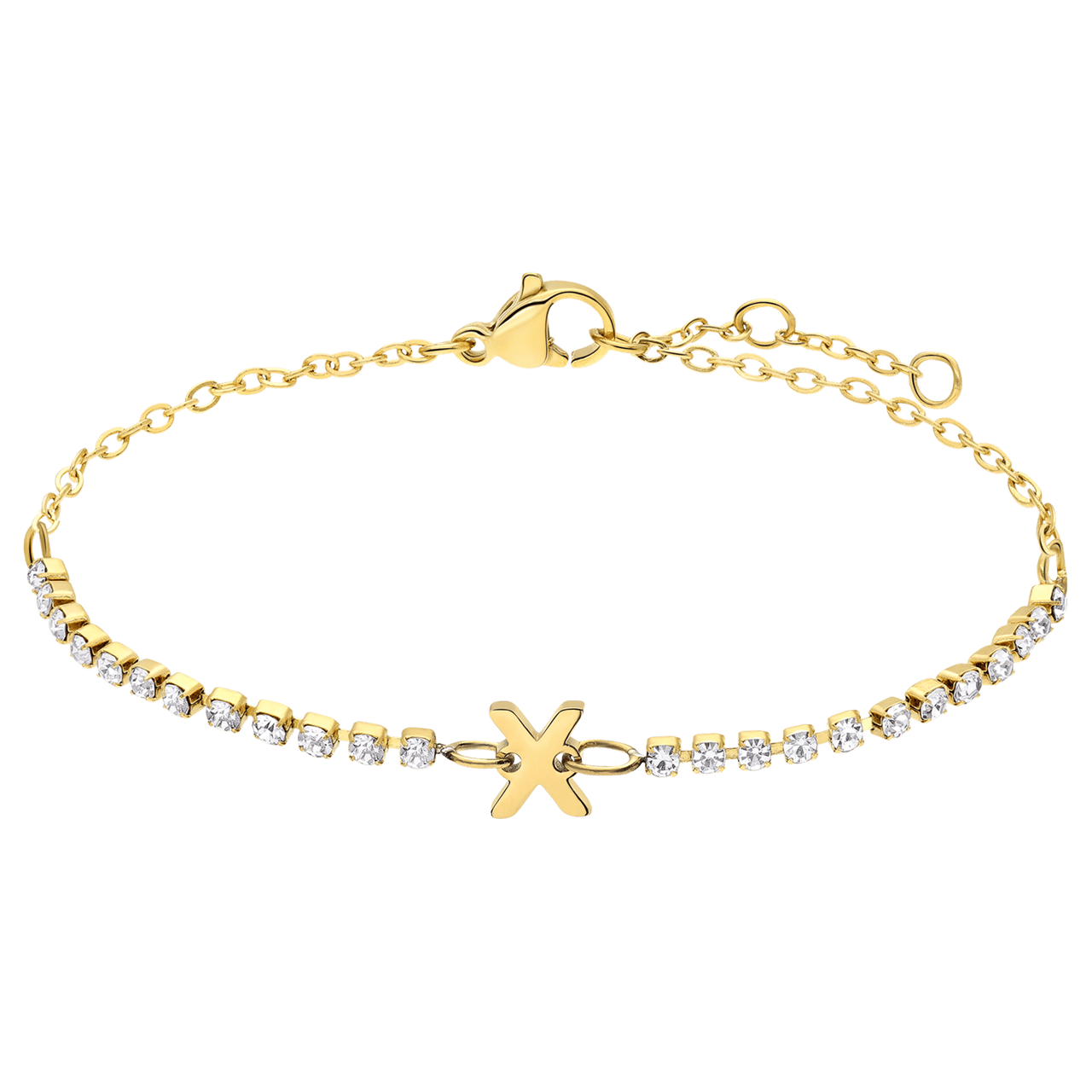 Stalen goldplated tennis armband wit cz letter - X