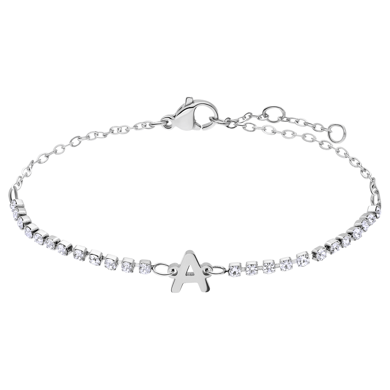 Tennisarmband aus Edelstahl, mit weißem kubischem Zirkonia, Buchstabe: A