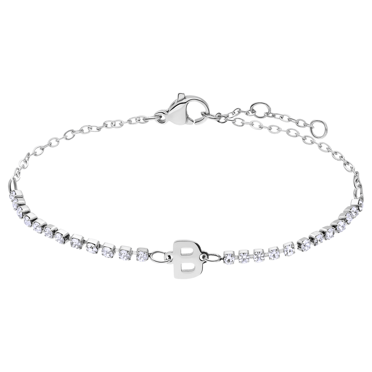Stainless steel tennis armband wit cz letter - B