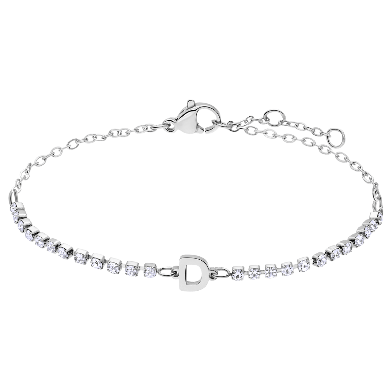 Stainless steel tennis armband wit cz letter - D