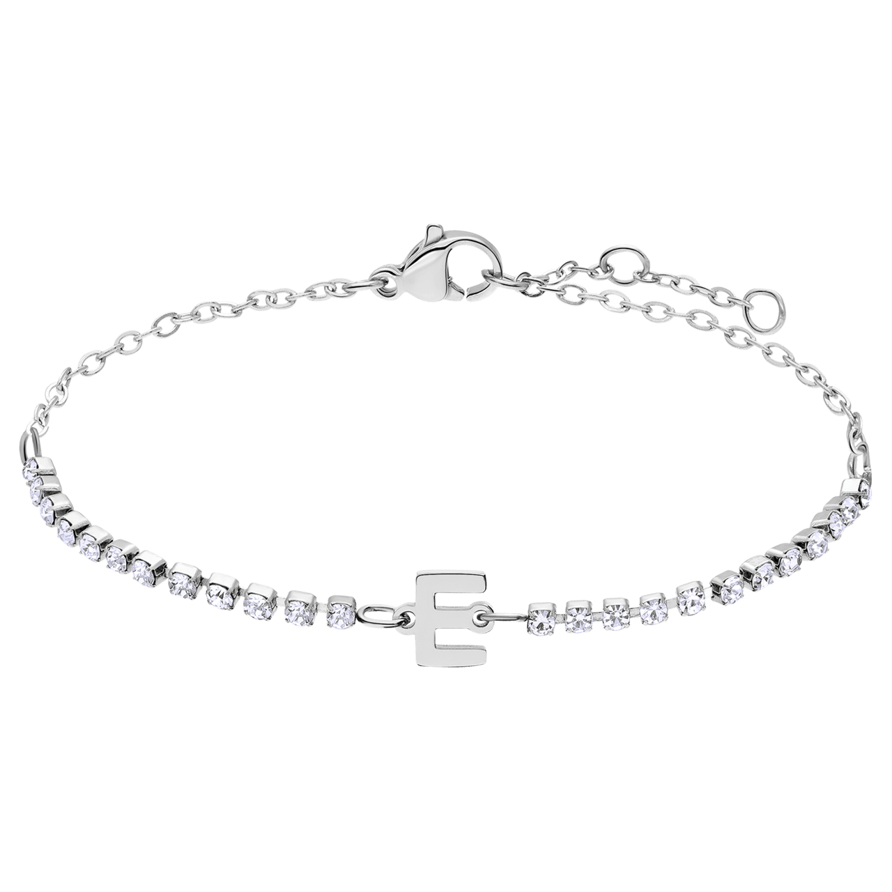 Tennisarmband aus Edelstahl, mit weißem kubischem Zirkonia, Buchstabe: E