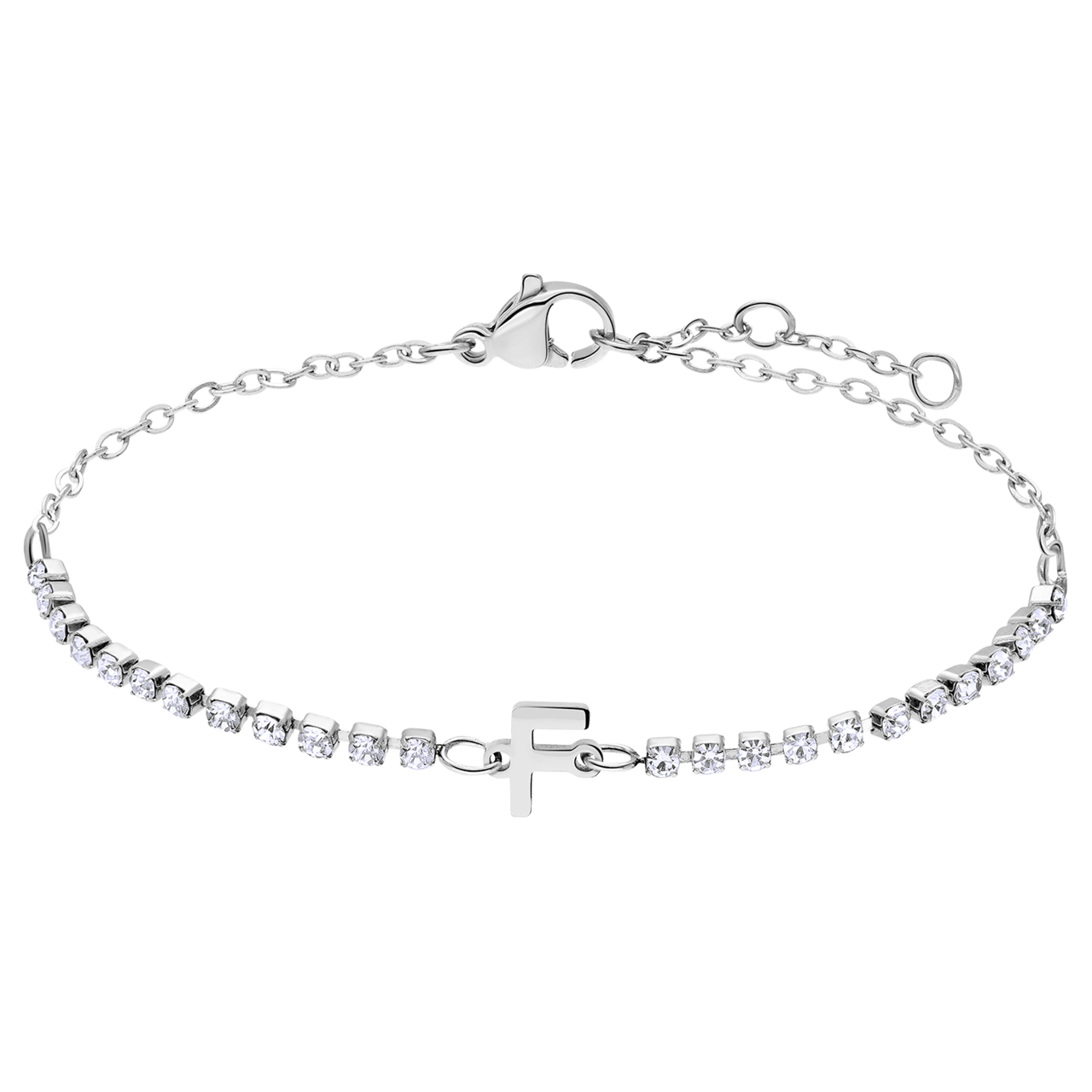 Tennisarmband aus Edelstahl, mit weißem kubischem Zirkonia, Buchstabe: F