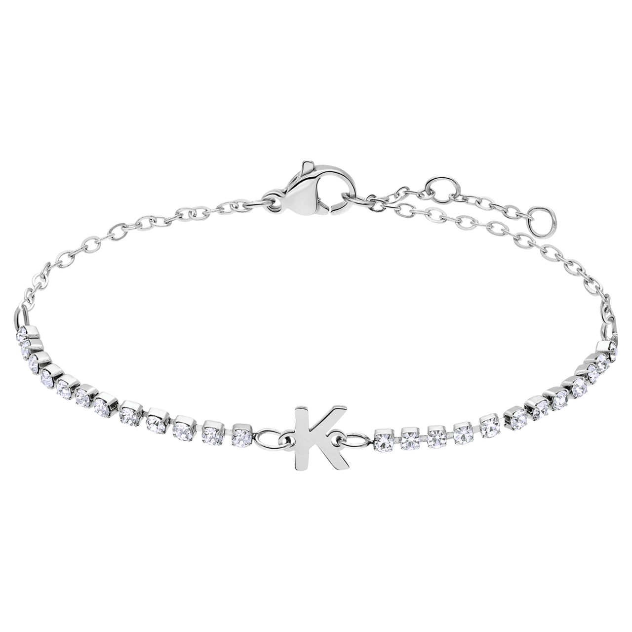Stainless steel tennis armband wit cz letter - K