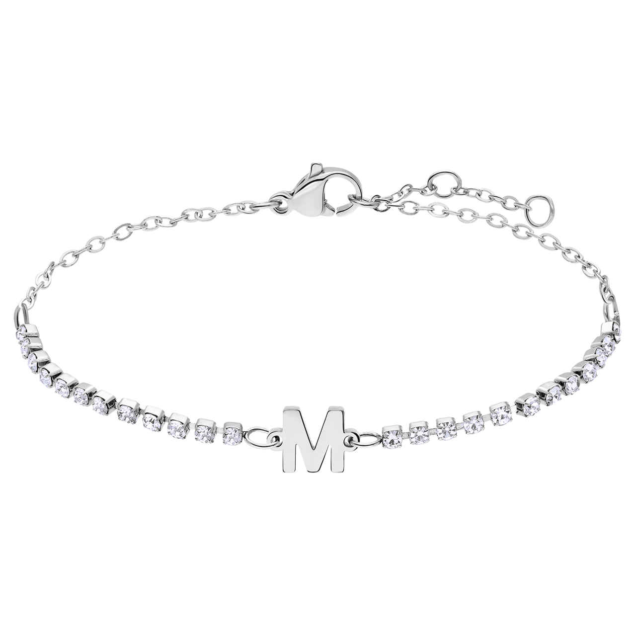 Stalen tennis armband wit cz letter - M