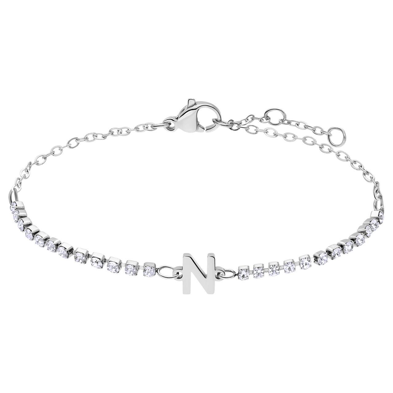 Stainless steel tennis armband wit cz letter - N