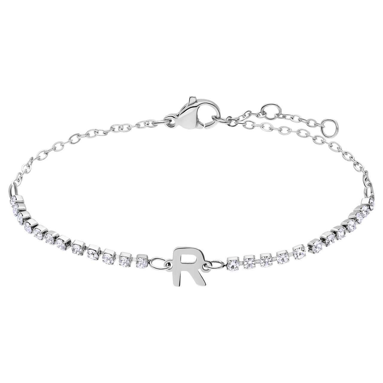 Stainless steel tennis armband wit cz letter - R
