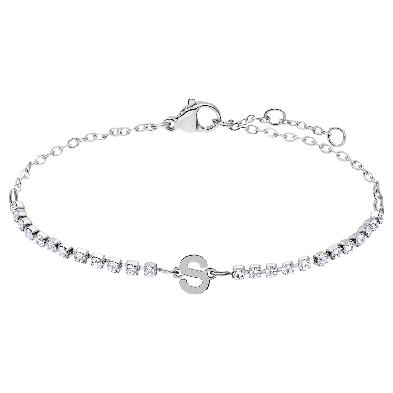 Stalen tennis armband wit cz letter - S