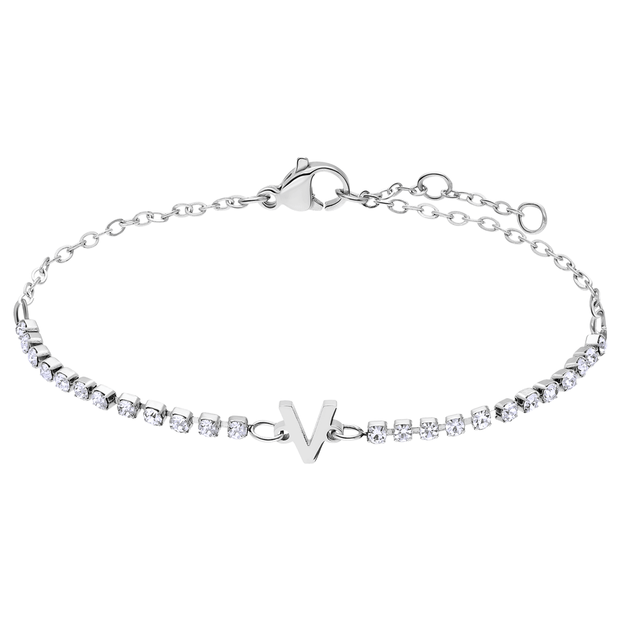 Stalen tennis armband wit cz letter - V