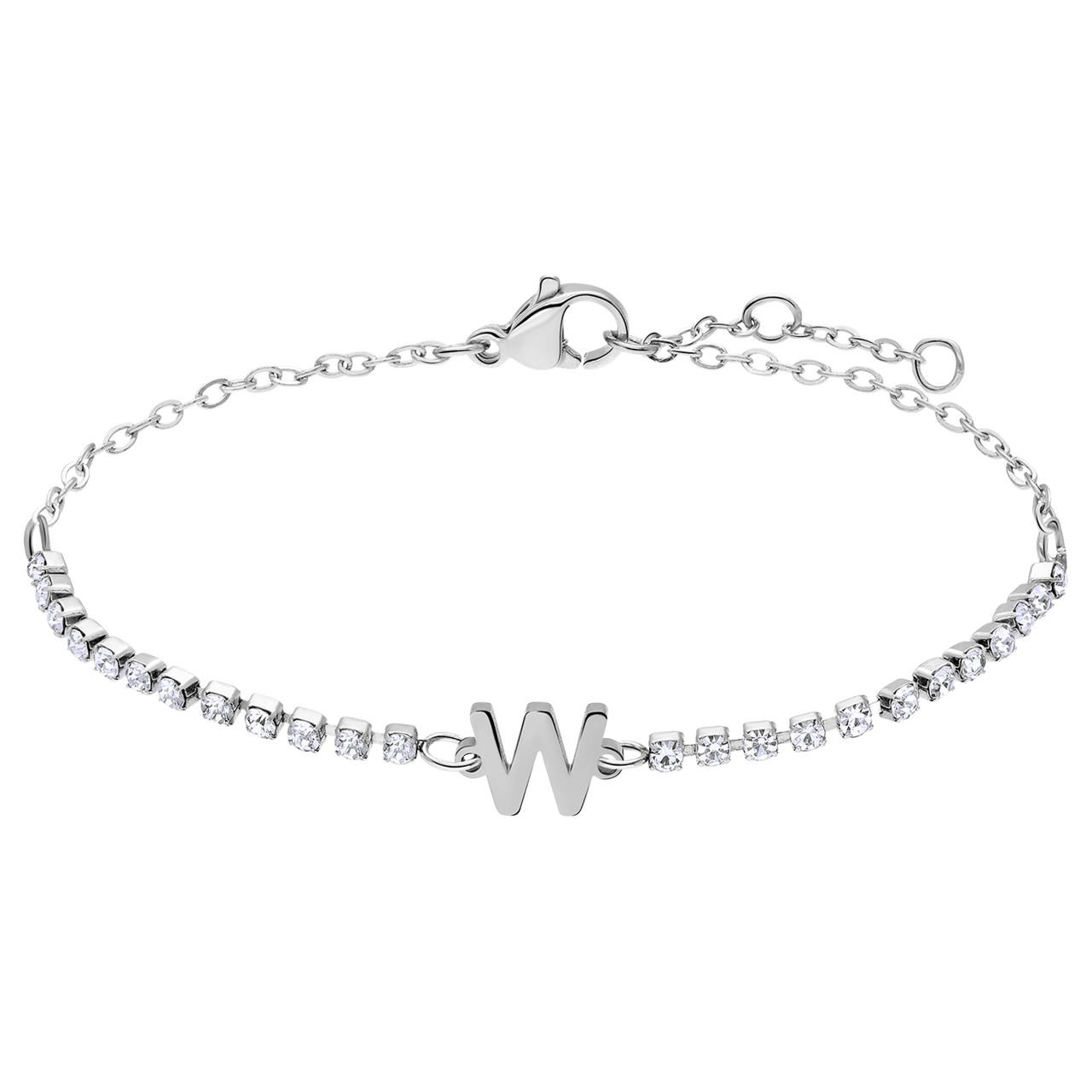 Tennisarmband aus Edelstahl, mit weißem kubischem Zirkonia, Buchstabe: W