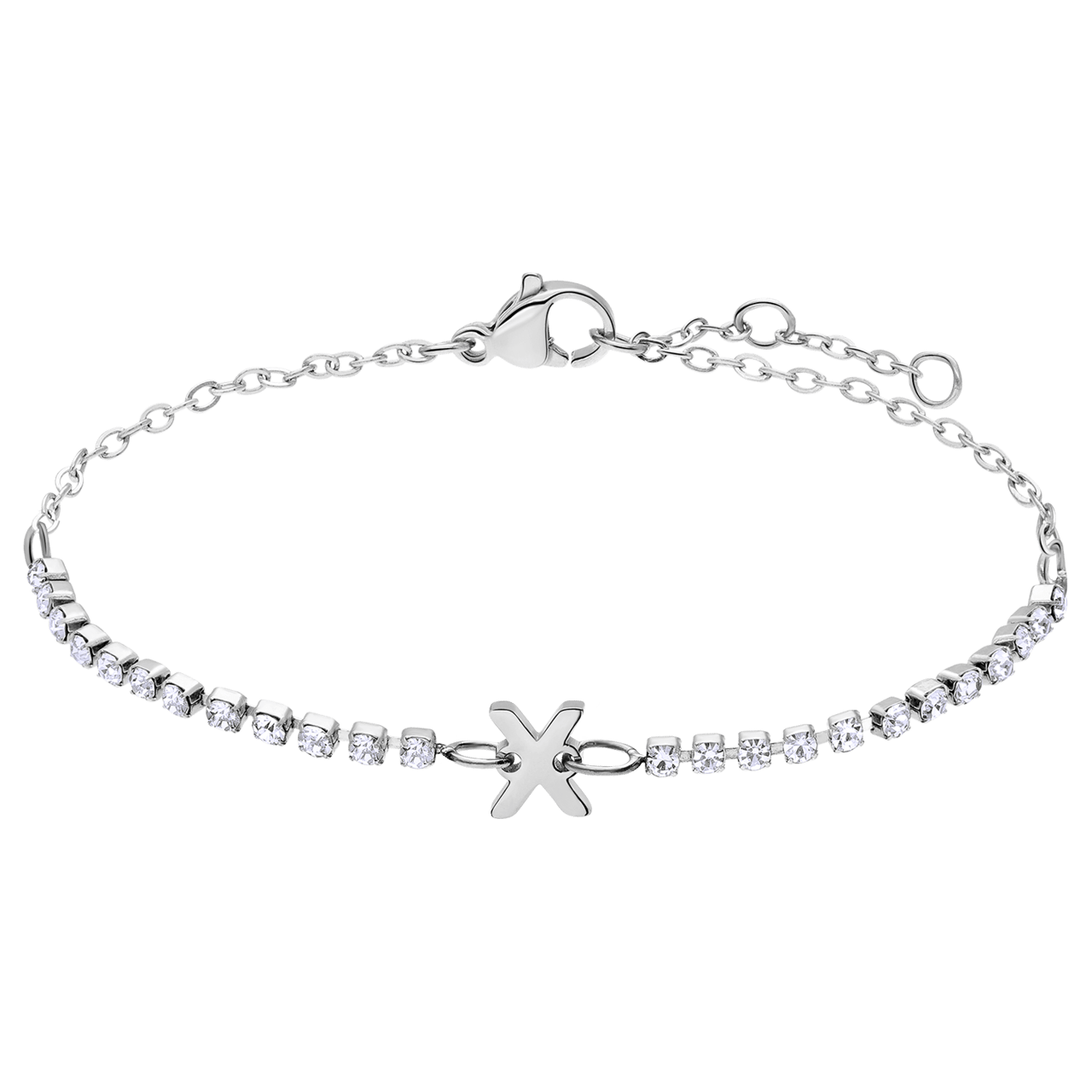 Stainless steel tennis armband wit cz letter - X