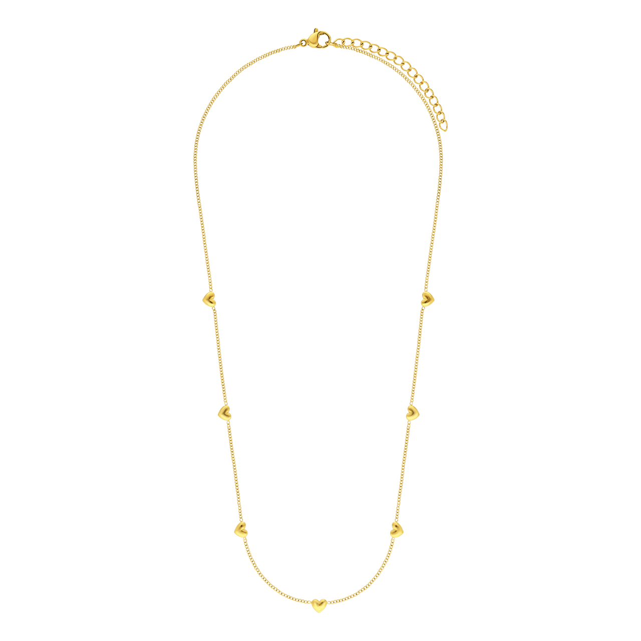 Stalen goldplated ketting met 7 hartjes