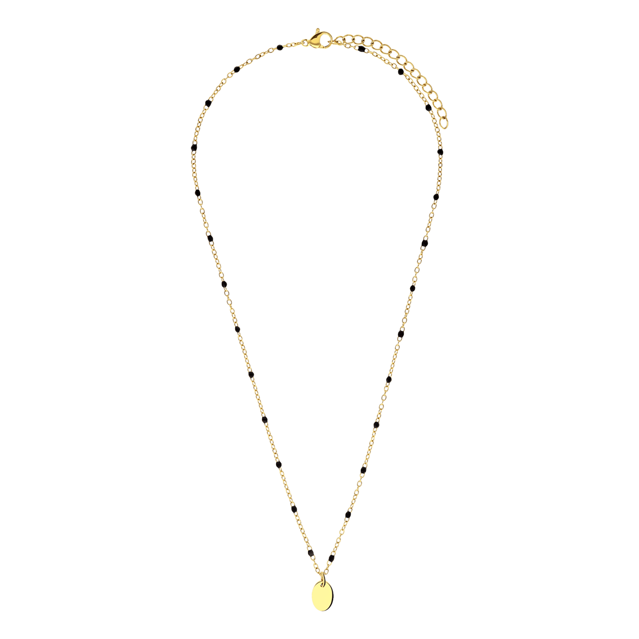 Stainless steel goldplated ketting met zwarte emaille en een ovale graveer hanger voor dames