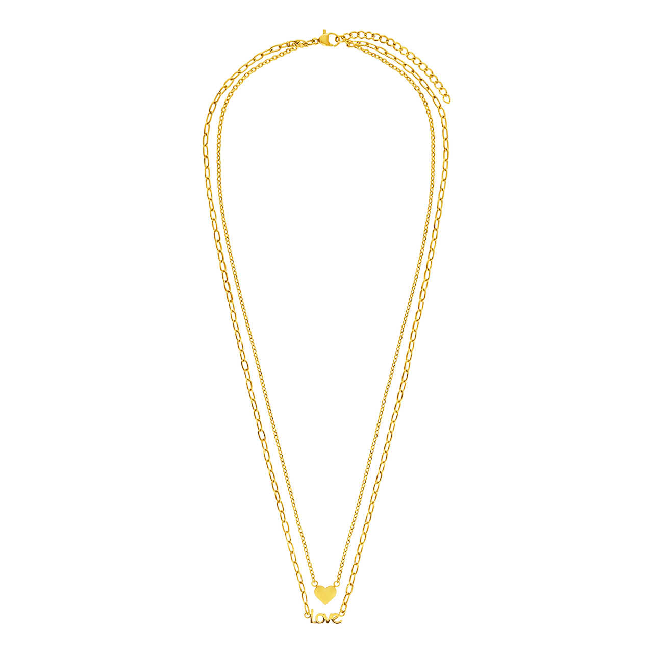 Stalen goldplated dubbele ketting met hanger hart en love voor dames