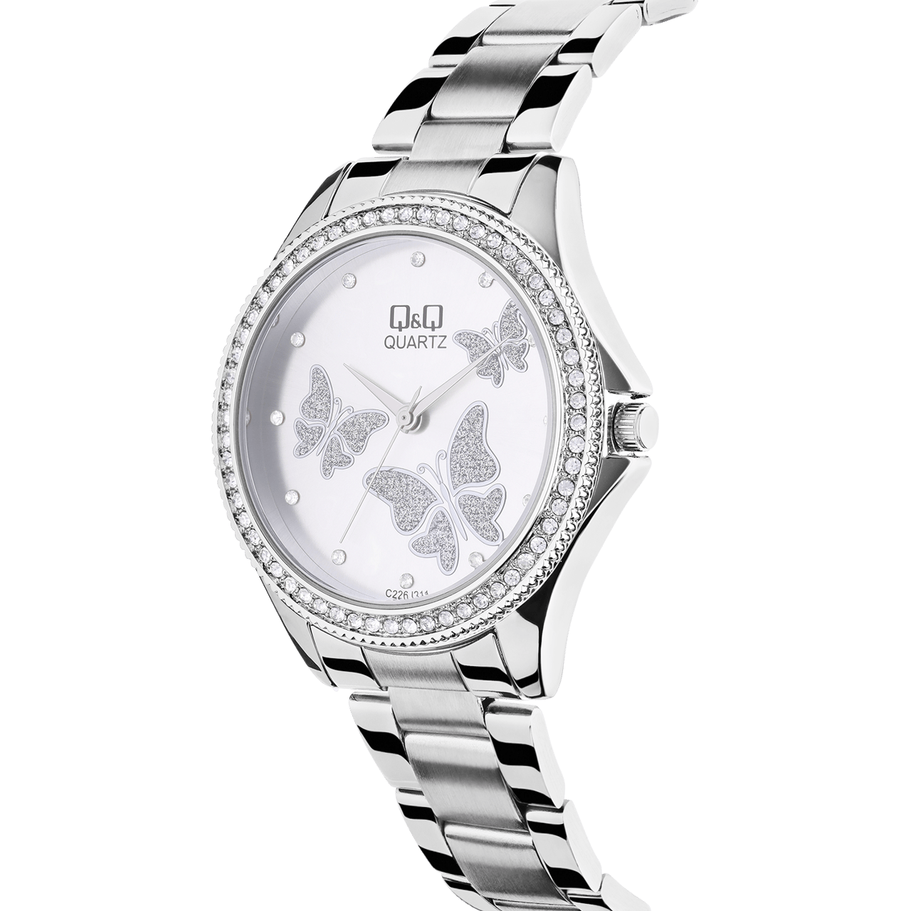 Q&Q Damen-Armbanduhr aus Edelstahl mit Schmetterlingen
