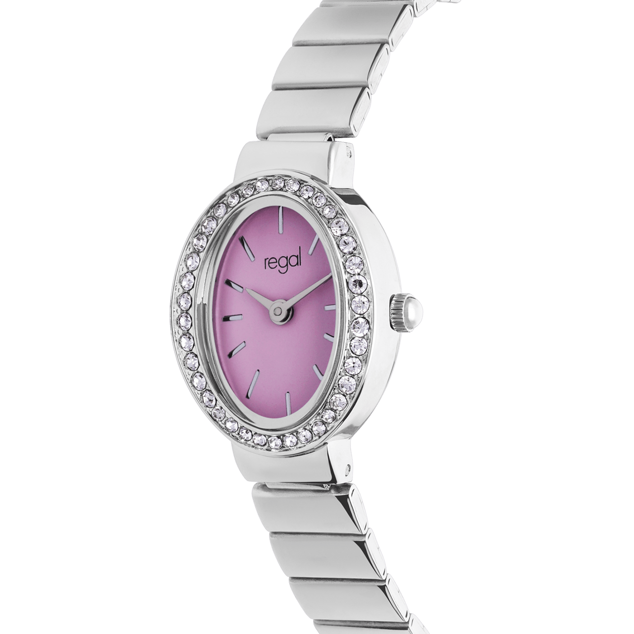 Regal Damen-Armbanduhr mit einem rosafarbenen, mit Zirkoniasteinen besetzten Zifferblatt.