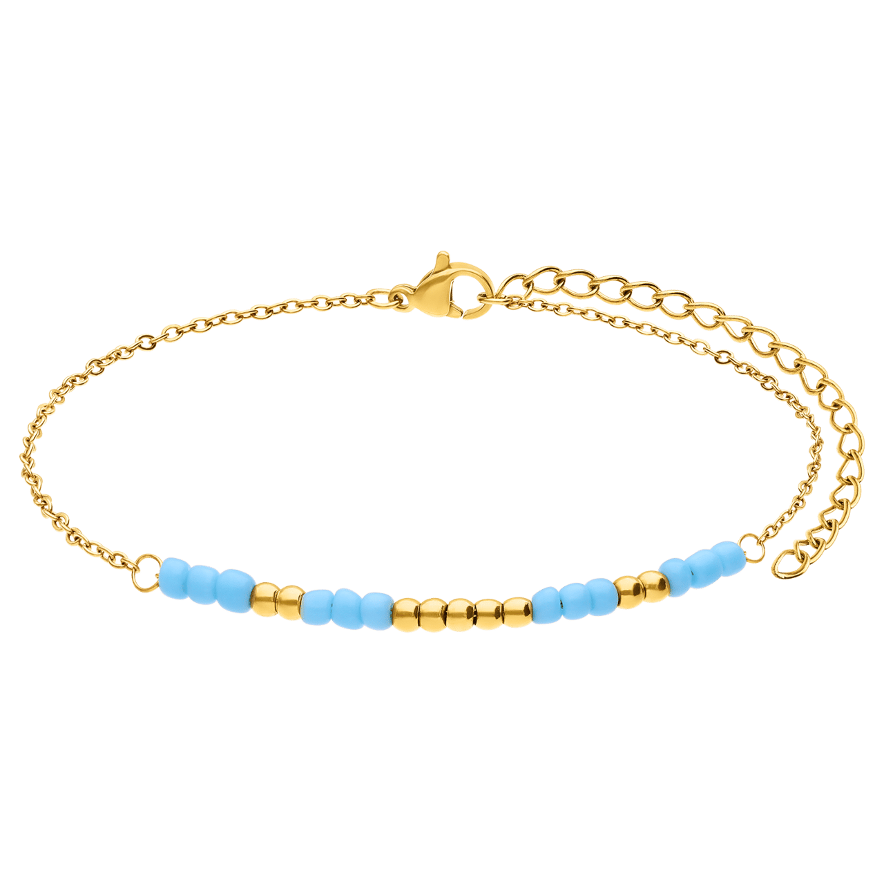 Stainless steel goldplated enkelband met blauwe kralen