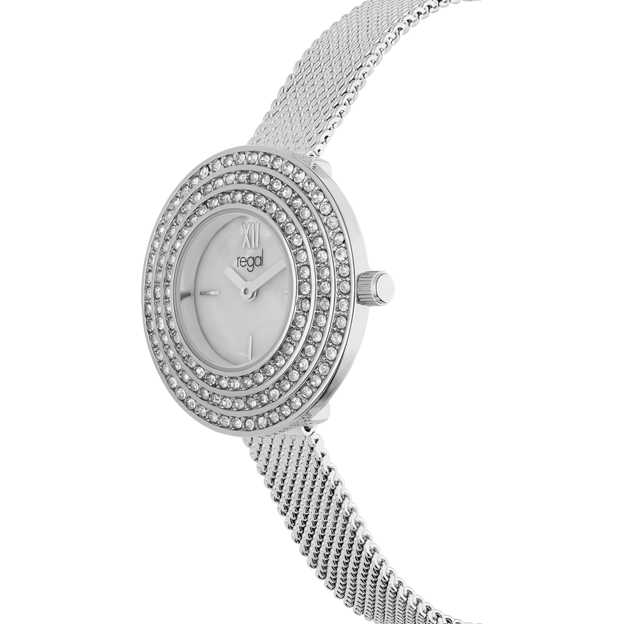 Regal dames horloge zilverkleurig, drie rijen zirkonia