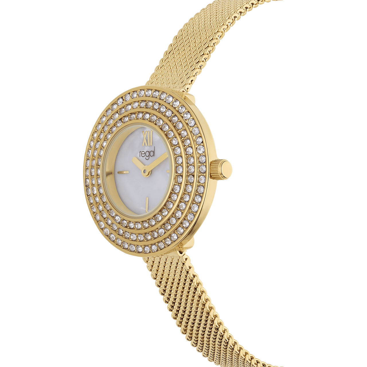 Regal dames horloge goldplated, drie rijen zirkonia