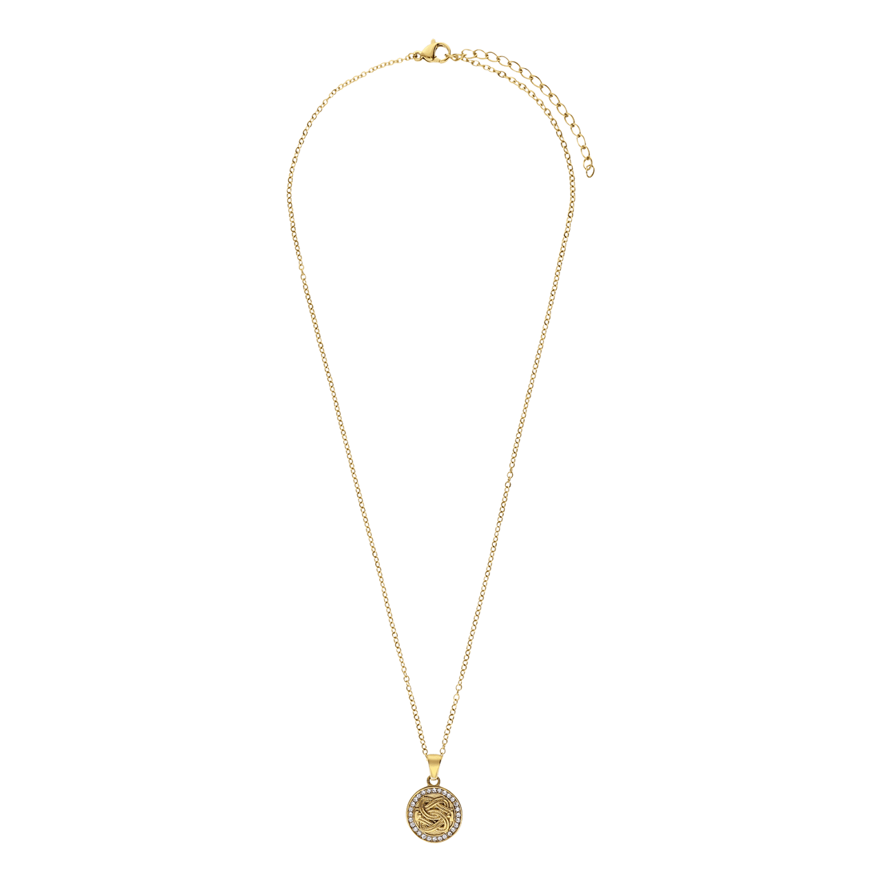 Stalen goldplated ketting met hanger munt met kristal
