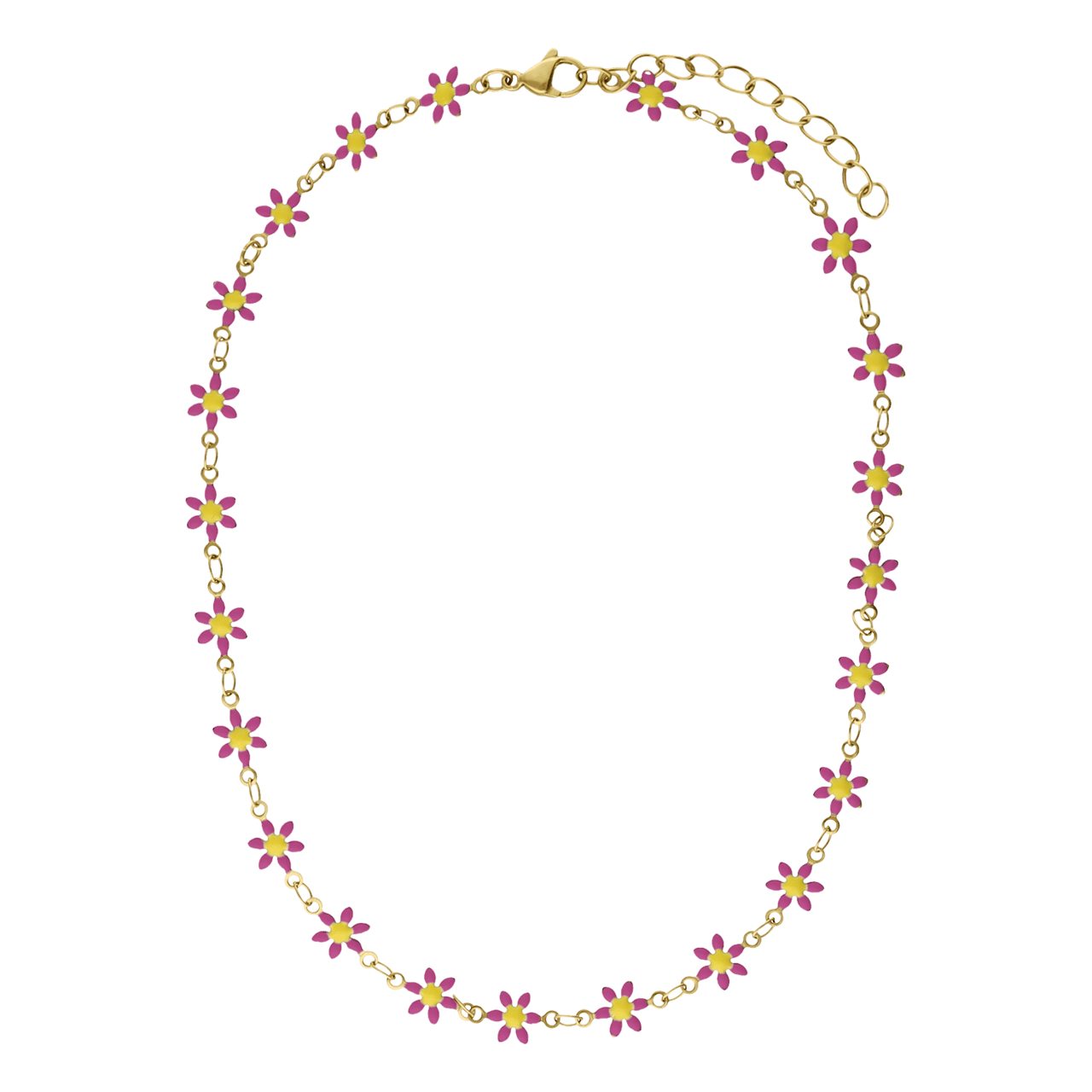 Stalen goudkleurige kinderketting met roze madeliefjes