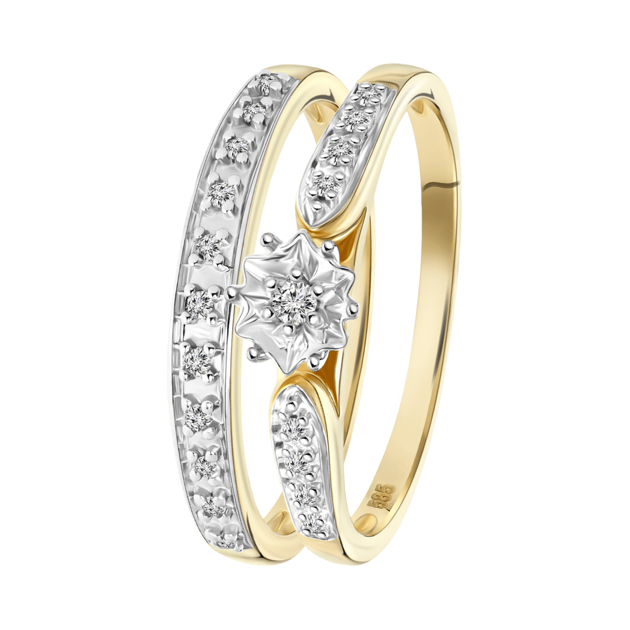 14K geelgouden dubbele ring 20 diamanten 0,10ct