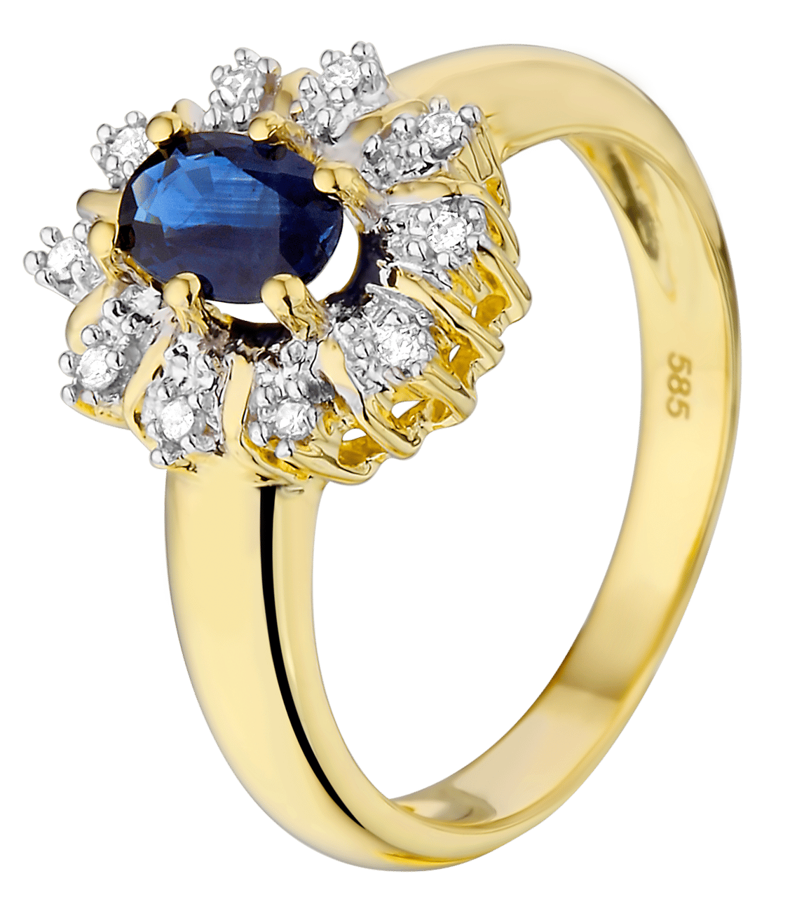 14k Geelgouden ring 10 diamanten 0,05ct en saffier