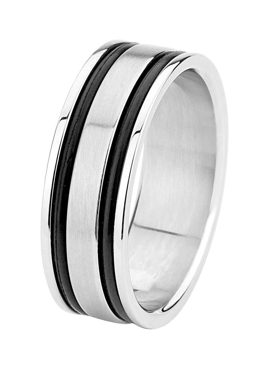 Gerecycled stainless steel herenring met zwarte accenten