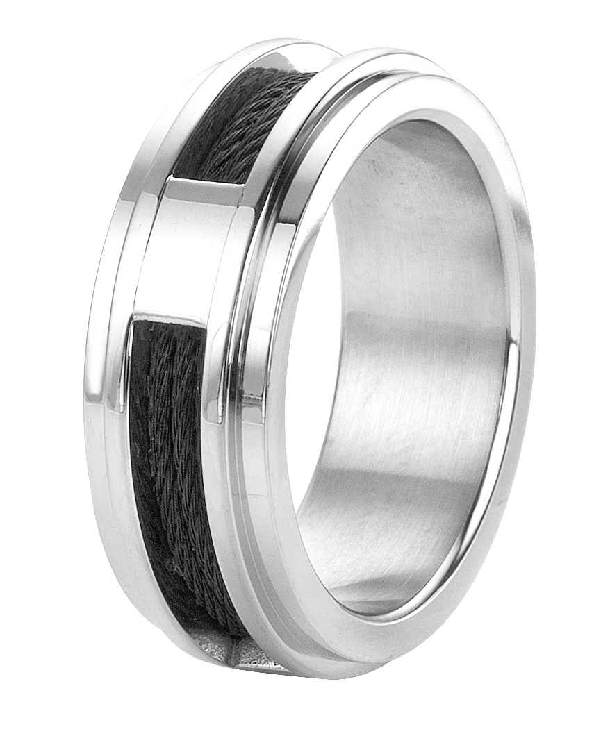 Gerecycleerd stainless steel herenring met zwarte kabel