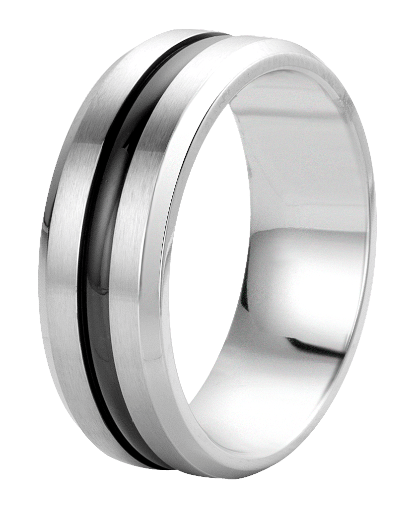 Gerecycled stainless steel herenring met zwarte band