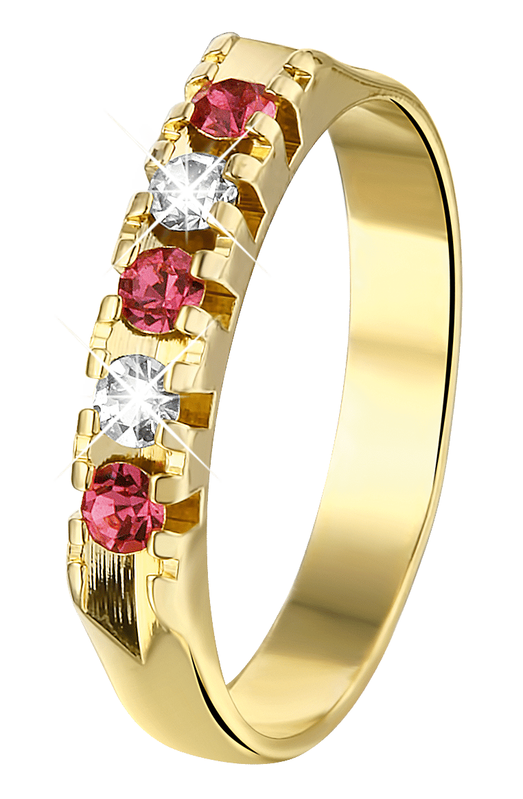 Goldplated kinderring rij met roze en wit kristal